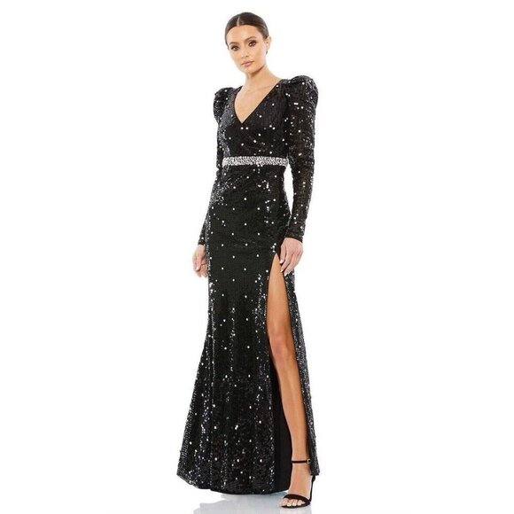 Mac Duggal Size 4 10736 Black Sequins Long Puff Sleeve Rhinestone Formal Dress - Picture 1 of 11